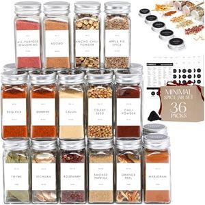 Glass Spice Jars with Labels with Metal Lids and Shakers Minimalist 36 Pack Set, 4oz Small Clear Empty Spice Bottles Seasoning Containers with Label Organizer Square Herb Seasoning Jars for Kitchen