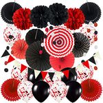 ZERODECO Party Decoration, Hanging Paper Fans Pom Poms Flowers Garlands and Triangle Bunting Flags Easy to Assemble - Black and Red