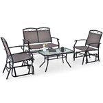 Giantex 4 PCS Outdoor Glider Chairs Set - Patio Furniture Set with Tempered Glass Table, Heavy-Duty Metal Frame, Gliding Rocking Chair, Conversation Set for Front Porch, Yard, Poolside (4 PCS, Brown)