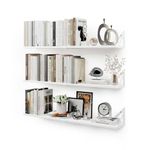 CASSA Wall Mounted Floating Book Shelves for Wall Set of 3, Shelf Bookshelf for Bedroom Living Room Office Bathroom Kitchen Rustic Wood with Metal Bracket (White Large)