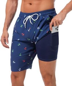 difficort Mens Swim Trunks Quick Dry Bathing Suit 9 inch Inseam Board Shorts with Compression Liner and Zipper Pocket,Ship's Anchor,Small