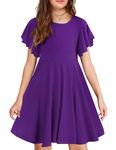 Arshiner Girls Dress Butterfly Sleeve Stretch A-Line Swing Skater Twirl School Dress with Pockets A Purple Tween 12-13 Y