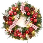 24 in Pre-Lit Christmas Wreath for Front Door, Artificial Christmas Wreath with 20 Led Lights and Timer, Xmas Wreath with Red Berries, Pine Cones, Ball Ornaments for Holiday Decor