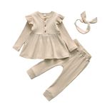 Toddler Baby Girl Clothes Outfits Infant Ruffle Solid Color Long Sleeve Top Pants Headband 3pcs Set Khaki 12-18 Months