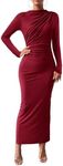 BTFBM Women Bodycon Maxi Dress Long Sleeve Back Slit Ruched Elegant Party Cocktail Formal Fall Wedding Guest Dresses(Wine Red, Large)