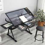 LiviNest Height Adjustable Drafting Table - Modern Tempered Glasses Artist Drawing Table Tilted Tabletop with Chair - Glass Topped Art Desk Work Station with Stool for Home Office Black