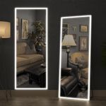 CASSILANDO 160 x 50 cm Full Length Mirror with LED Lights, Free Standing Floor Mirror, Wall Mounted Mirror, Color Dimmable & Brightness Adjustment for Bedroom, LED, White with Stand