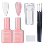 French Manicure Gel Nail Polish Kit, Nude Pink and White UV Gel Polish Set with 3Pcs Nail Art Pen and Nail Stamper, UV Gel Nail Polish for Home French Manicure Tip Nail Salon