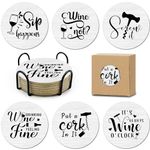 HSSPIRITZ Funny Sayings Cork Coasters for Drinks Absorbents with Holder 6 Pcs Gift Set,Wine Lovers Gifts,Unique Present for Housewarming,Living Room Decor,Kitchen Decor Accessories., 4×4×0.7in