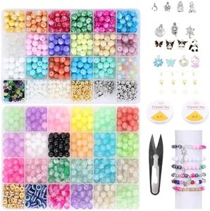 Ambitieux 48-Compartment Jewelry Making Kit with 8 Gold & 7 Silver Charms – Bead Set with Cutter & 2 Rolls of 0.7mm Elastic String (10m Each) – DIY Bracelet & Necklace Crafting Kit for girls birthday gift 2 3 4 5 6 7 8 9
