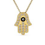 Turkish Amulet Talisman Delicate Dainty Evil Eye Hamsa Hand Of Fatima Of God Pendant Necklace For Women Teens Cubic Zirconia CZ 14K Yellow Gold Plated .925 Sterling Silver