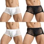 sandbank Men's Sexy Lingerie Mesh Transparent Boxer Briefs Underwear Panties 4 Pack-White+Black UK M(Tag L)