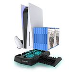 KIWIHOME PS5 Accessories Stand, PS5 Cooling Stand with Suction Cooling Fan and Dual Controller Charger Station for PS5 Console, 3 USB Ports &14 Game Slots for PS5 Digital & Disc Edition