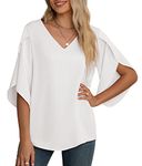 Yommay Women's Chiffon Blouse Ladies Tops Elegant Casual Loose 3/4 Ruffled Split Sleeve V Neck Summer Blouse Shirts(White,Large)