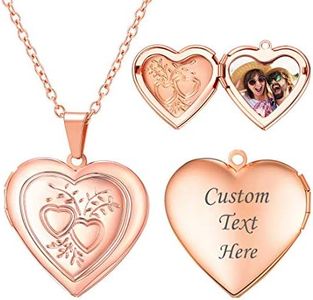 U7 Customized Heart Photo Locket Necklace Rose Gold Plated Romantic Heart Together Pendant Personalized Image of Lover/Family/Friends Necklaces