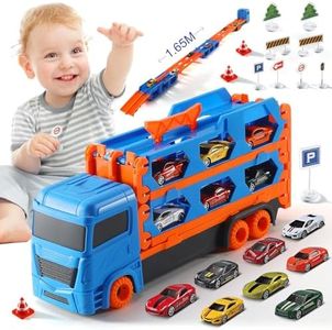 Transport Truck Toy Toddler Car Carrier for Boys Girls, 9 in 1 Race Track and Die-Cast Truck Baby Race Car Toy Vehicles for 3 4 5 Year Old Kids