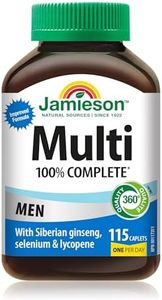 Jamieson 100% Complete Multivitamin for Men, with Siberian Ginseng, Lycopene and Selenium. Supports Eye Health, Energy, Immunity, and Everyday Health, Gluten-Free, One Per Day, 115 Caplets