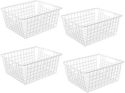 14" Upright Freezer Storage Baskets, White Wire Storage Bins Large Bakset for Freezer, Pantry, Bathroom Organizing, Set of 4