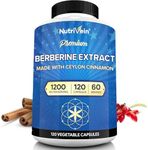 Nutrivein Premium Berberine HCL 1200mg Plus Organic Ceylon Cinnamon - 120 Capsules - Supports Immune System, Weight Management - Berberine HCI Supplement