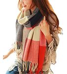 Wander Agio Women's Fashion Long Shawl Big Grid Winter Warm Lattice Large Scarf, Orange Red, Large