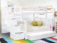 Bedz King Stairway Bunk Beds Twin Over Full with 4 Drawers in The Steps and a Twin Trundle, White