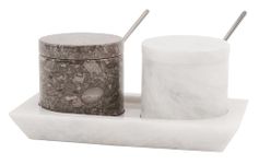 Radicaln Marble Salt Cellar with Lid & Tray Oceanic and White Handmade Set of 2 Salt Box Seasoning Containers -Kitchen Table Decor Spice Jar, Sugar Container - Storage Box for Salt