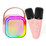 Mini Karaoke Machine for Adults and Kids, Portable Bluetooth Speaker with 2 Wireless Microphone, Led Lights Karaoke Gifts for Girls Boys Birthday Home Party - Pink