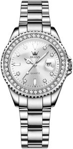 OLEVS Orologio Donna Argento Quadrante al Quarzo con diamanti Orologio da Polso da Donna Lusso in acciaio Inossidabile Orologio Donna Elegante Orologio con Data Impermeabili Luminosi per Donna