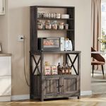 DWVO Black Bakers Rack with Power Outlet and Storage Door Cabinet 5-Tiers Kitchen Tall Microwave Stand Farmhouse Small Pantry Hutch Freestanding Thickened Counter Coffee Bar with Storage Shelves