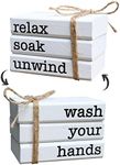 Farmhouse Mini Bookstack for Bathroom Decor Wooden Mini Books for Restroom Shelf Decorative Accent for Guest Bathroom Bathroom Mini Sign, 2 Signs in 1 Reversible - Wash Your Hands/Relax Soak Unwind