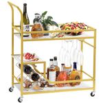 Vividwood Bar Cart, Bar Serving Cart with Wheels, 2 Tier Bar Carts for The Home Kitchen Dining Room with Wine Rack and Glass Holder (Gold)