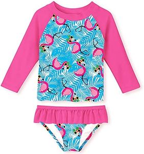 Funnycokid 3T 4T Girls Flamingo Swimsuit Toddler Two Piece Long Sleeve Bathing Suits UV Protection Swimwear Kids Rash Guard Kids Swim Sets 3-4 Years