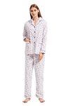 GLOBAL Women's Pyjama Sets 100% Cotton Flannel Ladies PJs Button Front Top Drawstring Bottoms Purple Flowers 1,M