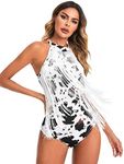 Verdusa Women's Fringe Trim Sleeveless Bodycon Halter Bodysuit Tops Cow Black Brown L