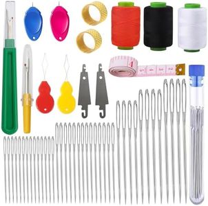 54PCS Big Eye Sewing Needles Kit 5 Size Stainless Steel Needles for Hand Sewing Kit Embroidery Yarn Knitting Steel Needle Set with Threads,Needle Threaders,Seam Ripper,Tape Measure,Thimble