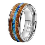 TUTISS 8mm Tungsten Rings for Men Women Engagement Wedding Bands Whisky Barrel Wood Guitar String Blue Opal Inlay Domed Polished Comfort Fit, Non-Precious Metal, No Gemstone