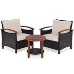 COSTWAY 3 Piece Rattan Bistro Set, Patio Sofa Set Garden Table and Chairs with Cushions, Outdoor Furniture Wicker Conservatory Set for Balcony, Backyard, Terrace and Poolside