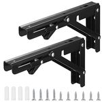 Folding Shelf Brackets, 2pcs Heavy Duty Collapsible Shelf Brackets, Folding Brackets Wall Mounted Triangle Shelves Bracket Supports for Bench Table Shelf, Black, Max Load 80kg (20cm/7.87 Inch)