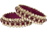 NMII Glass Golden Zircon Stone & Kundan Beads Kada Set For Women & Girls |Bangles | Glass Bangles Fancy | Golden Glass Kada | Fashion Jewellery| Glass Bangle| Bangles For Women-(NAB94-Wine-2.8)