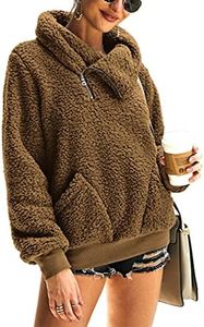 KIRUNDO Women's 2025 Winter Lapel Fuzzy Fleece Sweatshirt Faux Shearling Zipper Warm Sherpa Pullover Outwear With Pockets(Small, Brown)