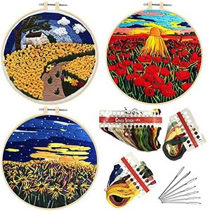 Entcook 3pcs Scenery DIY Embroidery Kits for Beginners,Include Embroidery Clothes with Pattern, 3pcs Embroidery Hoops and Instructions,Scissors,Cross Stitch Set for Adults DIY Decor Living Room