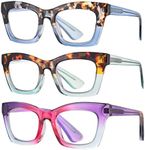 bullabulling 3 pack Oprah style Spring hinge Readers Blue Light Blocking Computer Square Reading Glasses for Women Men (blue/green/purple rose, 2.5)