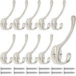 QMAHA 10Pcs Coat Hooks, Heavy Duty Metal Clothes Hooks, Anti-Rust Wall Mounted Coat Hat Hook, Dual Prong Robe Coats Towel Hat Keys Hooks for Kitchen Bedroom Entryway Wood Rail with Screws Included