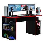 Madesa Large Modern Gaming Computer Desk 53 Inch with 5 Shelves Cable Management Student Study Wooden Table Home Office Gamer Desk for Kids and Adults - Black/Red