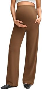 G4Free Maternity Yoga Pants with Pockets Stretchy Loose Work Casual Pregnancy Clothes for Women Over The Belly Wide Leg Trousers(Dark Coffee,XL,32")