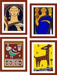 Adventures� *Pujarans, Bird & Deer*- Four Paintings by Jamini Roy, Set of 4 Wall D�cor Frame. Matt Satin Print with MDF & Royal Brwon Frame. Size 9"x12" each.