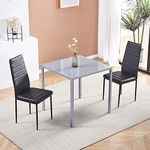 Menaka Compact Grey Glass Dining Table and Chairs Set of 2 for Small Dinette, 3 Piece Space Saving Kitchen Glass Tempered Square Table with 2 Green Velvet Chairs