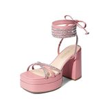 DREAM PAIRS Women's Lace Up Platform Heels Rhinestone High Strappy Chunky Sandal Y2K Shoe for Club Party Date Prom, Pink, 8