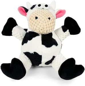 goDog Checkers Sitting Cow Squeaky Plush Dog Toy, Chew Guard Technology - White, Small