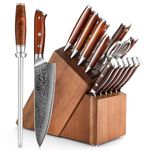 XINZUO 15-Piece Damascus Kitchen Knife Set with Block and Sharpener,67 Layers Damascus Chef Knife Block Set and Steak Knives Set of 6,Rosewood Handle, Razor-Sharp